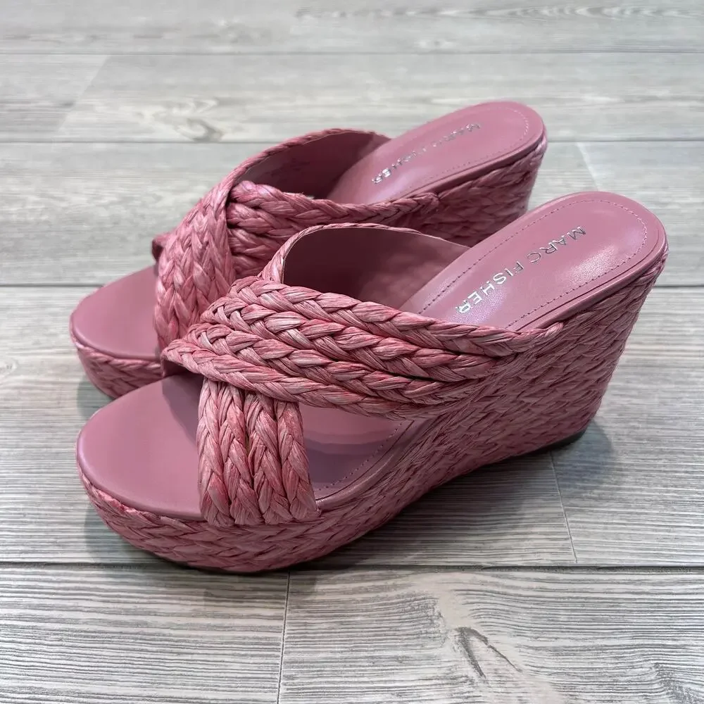 Marc Fisher Mflynn Criss Cross Wedge Sandals Medium Pink 6M NWT